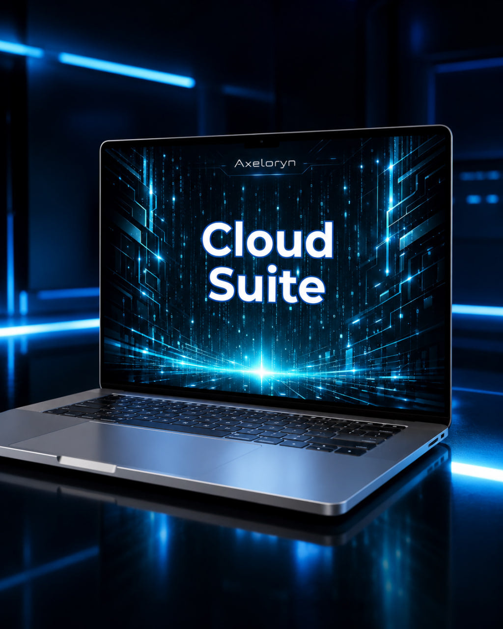 A silver laptop open on a dark reflective surface, displaying a futuristic blue digital interface with the text 'Axelaryn Cloud Suite' on the screen.