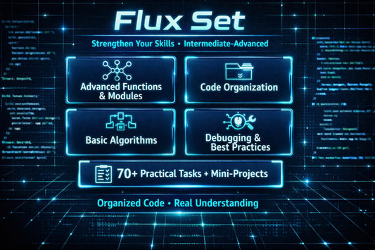 Digital cover graphic for a 'Flux Set' intermediate-advanced programming course, featuring glowing blue and white text on a dark tech-grid background with four main modules: Advanced Functions & Modules, Code Organization, Basic Algorithms, and Debugging & Best Practices.