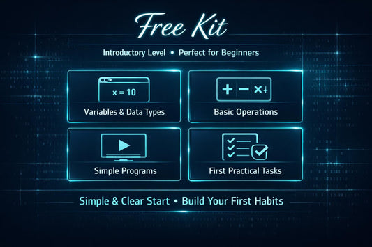 A promotional graphic for a digital free learning kit, featuring four glowing blue panels with icons and text: 'Variables & Data Types', 'Basic Operations', 'Simple Programs', and 'First Practical Tasks'. The top reads 'Free Kit' and the bottom reads 'Simple & Clear Start • Build Your First Habits' on a dark blue tech-style background.