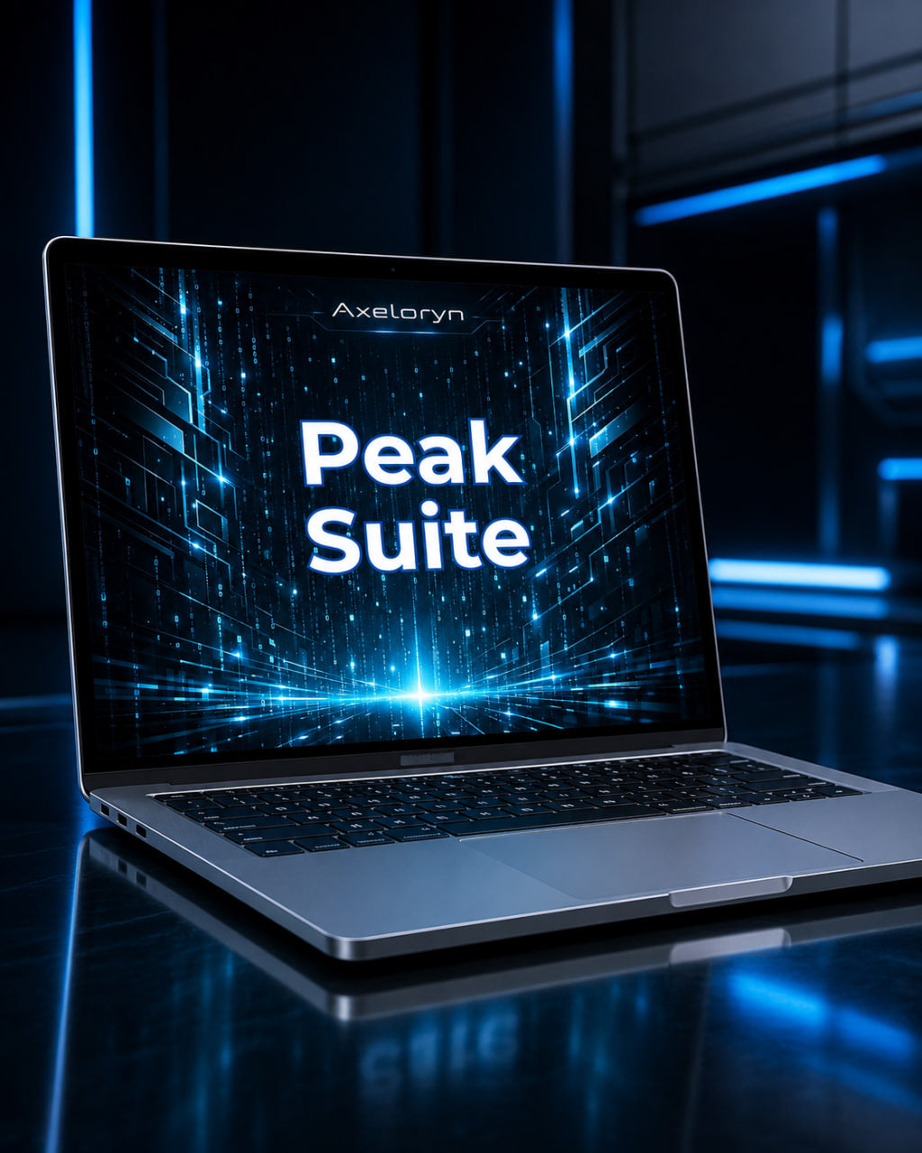 A silver laptop on a dark reflective surface with blue neon lighting in the background. The screen displays the text 'Axeloryn Peak Suite' in white over a glowing blue digital circuit pattern.