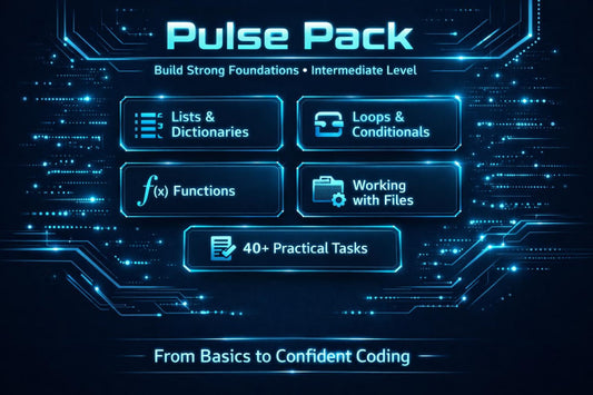Promotional graphic for a digital coding course or ebook titled 'Pulse Pack' with glowing blue interface panels on a dark tech background. Text highlights topics like lists and dictionaries, loops and conditionals, functions, working with files, and 40+ practical tasks.