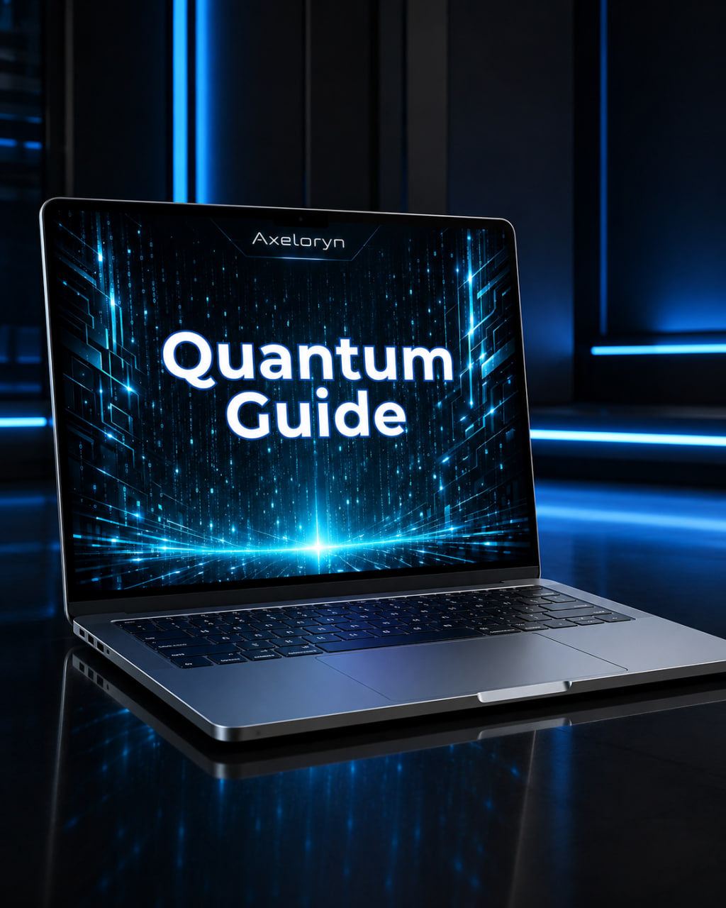 A silver laptop on a glossy dark surface with blue neon lighting in the background. The screen displays the text 'Axelaryn Quantum Guide' in white over a glowing blue digital pattern.