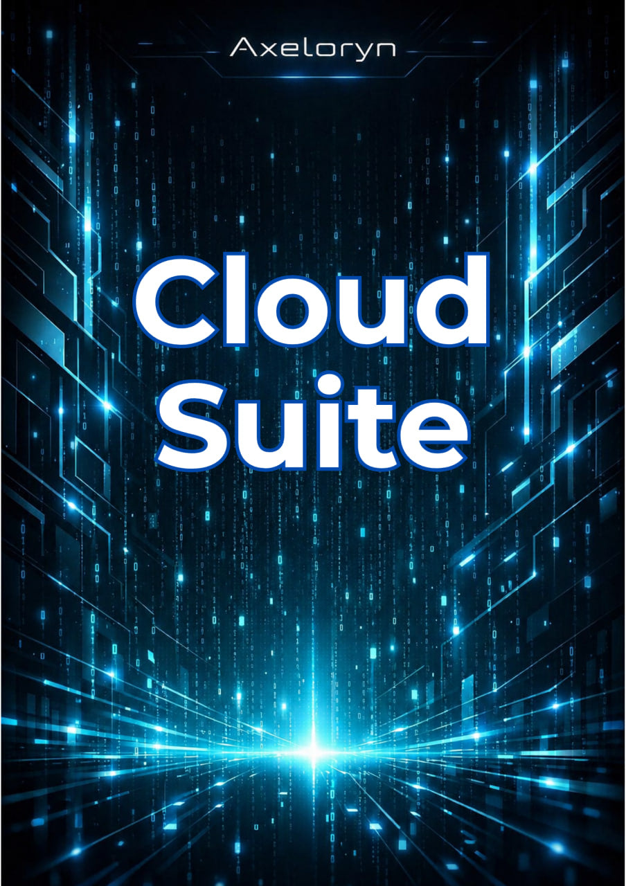 Digital cover art for 'Cloud Suite' by Axeloryn, featuring bold white text over a dark blue and black futuristic cybernetic background with glowing blue light effects.