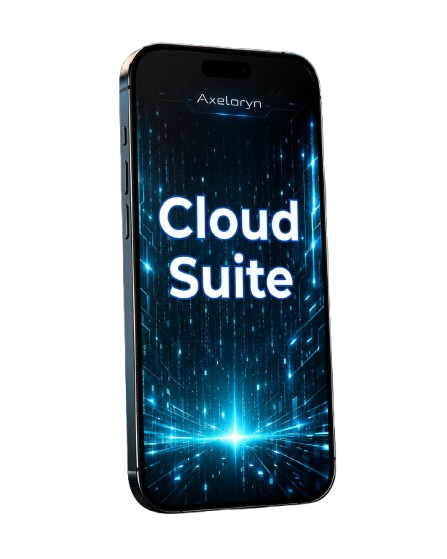 A black smartphone shown upright on a white background, with the screen on and displaying the text 'Axelaryn Cloud Suite' over a glowing blue digital interface.