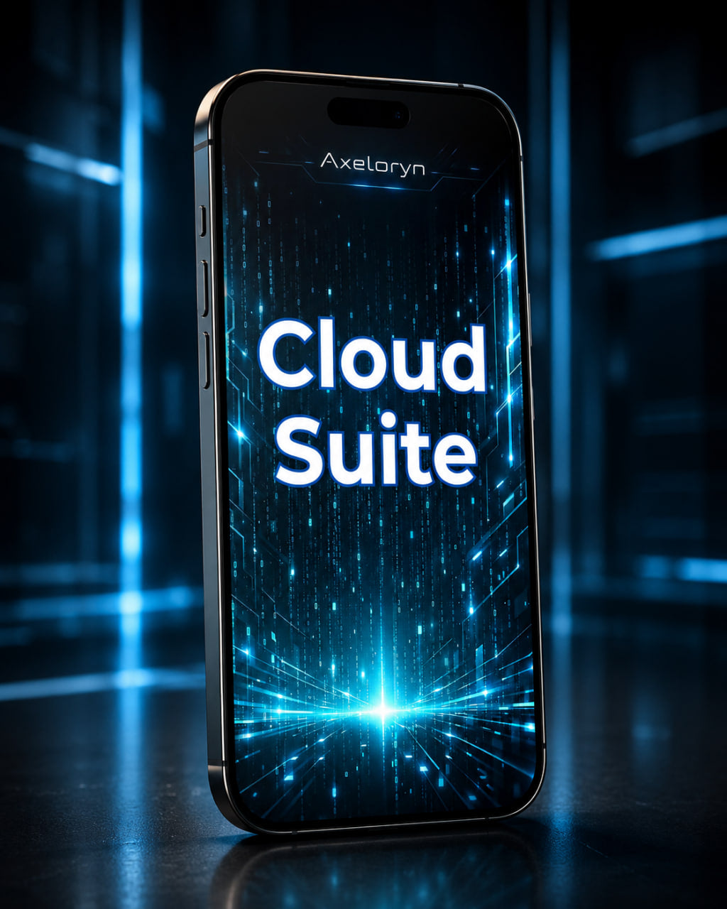 A smartphone shown upright in a dark, futuristic server-room style background. The screen displays the text 'Axelaryn Cloud Suite' in large white letters over a glowing blue digital interface.