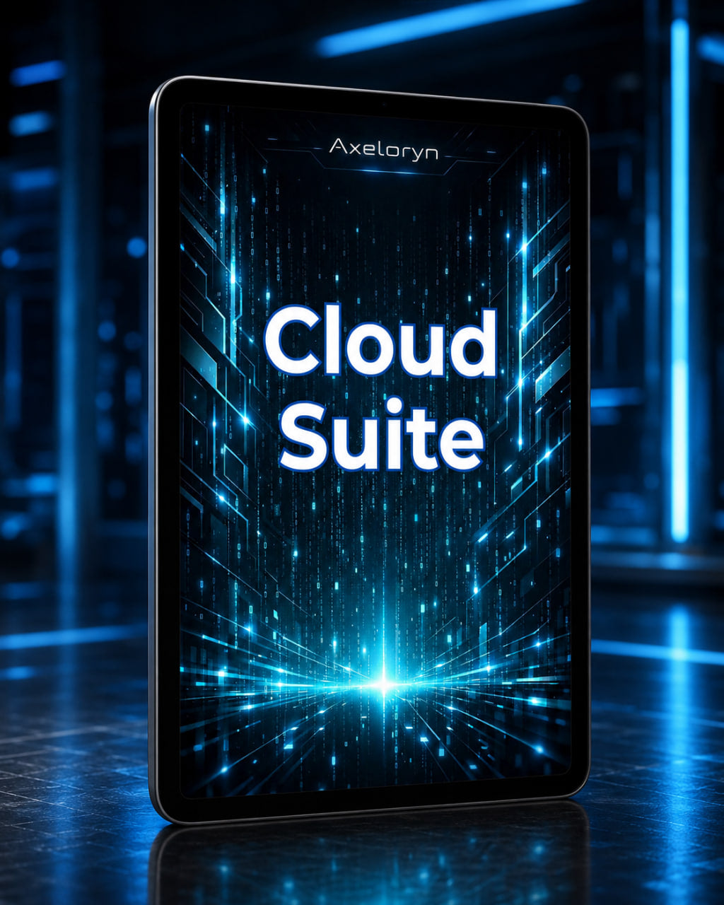 A tablet device labeled Axelaryn stands upright on a reflective surface, displaying a futuristic blue and black digital interface with the words 'Cloud Suite' in large white text.