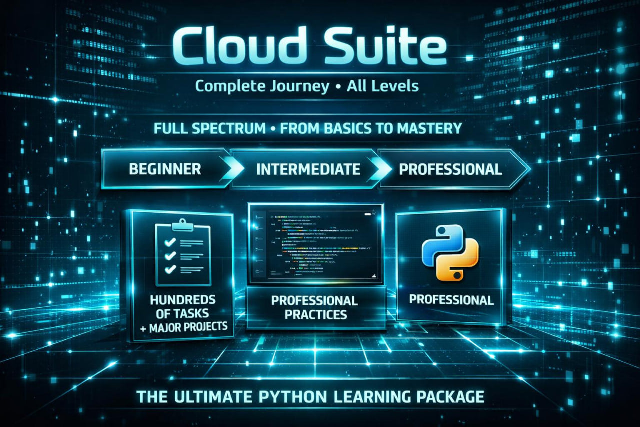 Promotional graphic for a Python learning package titled 'Cloud Suite' with glowing blue digital interface elements, a binary code background, and three panels labeled Beginner, Intermediate, and Professional. Text reads 'Full Spectrum • From Basics to Mastery' and 'The Ultimate Python Learning Package.