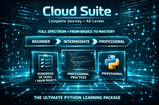Promotional graphic for a Python learning package titled 'Cloud Suite' with glowing blue digital interface elements, a binary code background, and three panels labeled Beginner, Intermediate, and Professional. Text reads 'Full Spectrum • From Basics to Mastery' and 'The Ultimate Python Learning Package.