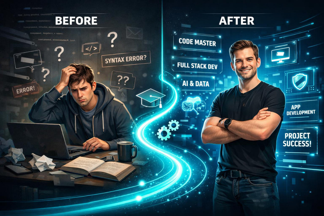 A promotional before-and-after graphic for a coding course or certification. On the left, labeled 'BEFORE,' a man sits at a desk with a laptop, papers, and frustration symbols.