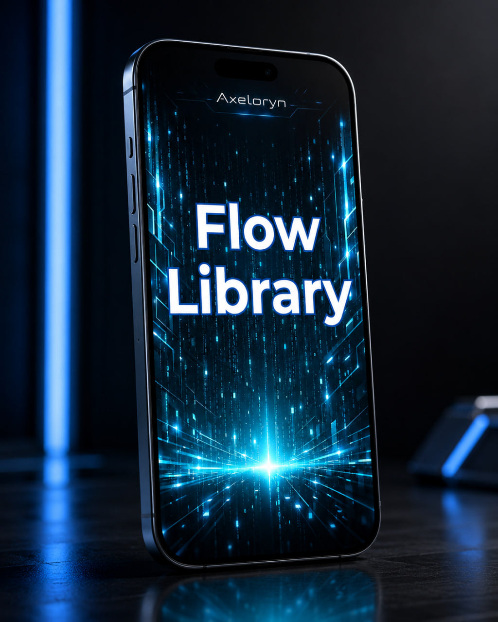 A smartphone shown upright on a dark surface with blue ambient lighting. The screen displays the text 'Flow Library' over a glowing blue abstract digital background, and the brand name 'Axelorn' is visible near the top of the phone.