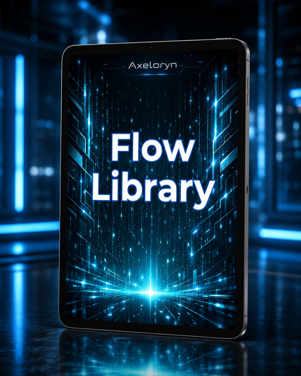 A tablet device labeled Axelaryn stands upright on a reflective surface, displaying a futuristic blue and black digital interface with the large text 'Flow Library'. The background is a blurred high-tech blue environment.