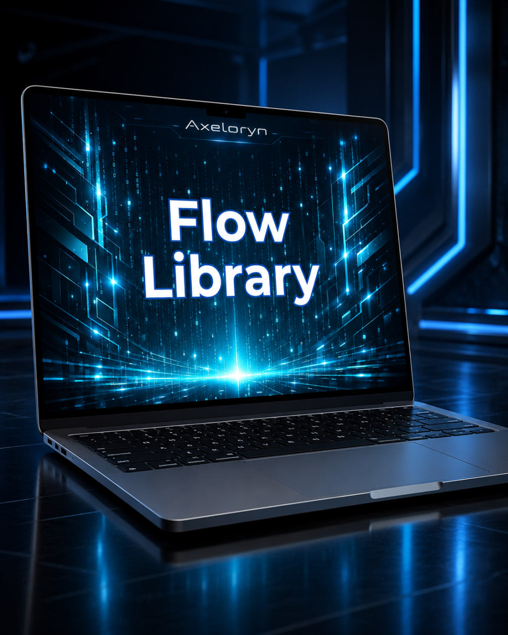 A silver laptop on a dark reflective surface, displaying a glowing blue digital interface with the text 'Flow Library' and the brand name 'Axeloryn' near the top of the screen.