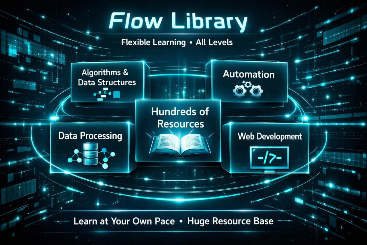 Digital promotional graphic for a 'Flow Library' learning resource, featuring five glowing blue panels outlining topics like Algorithms & Data Structures, Automation, Data Processing, Web Development, and a central 'Hundreds of Resources' book icon, set against a dark tech-themed background.