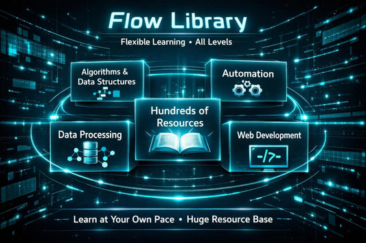 Digital promotional graphic for a 'Flow Library' learning resource, featuring five glowing blue panels outlining topics like Algorithms & Data Structures, Automation, Data Processing, Web Development, and a central 'Hundreds of Resources' book icon, set against a dark tech-themed background.