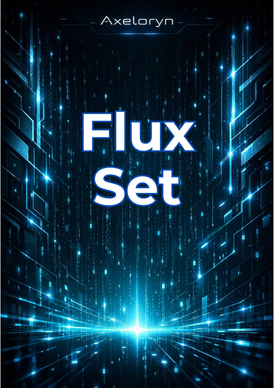Digital cover art featuring the text 'Axeloryn Flux Set' in white over a glowing blue and black futuristic cybernetic corridor background with light trails and circuit-like lines.