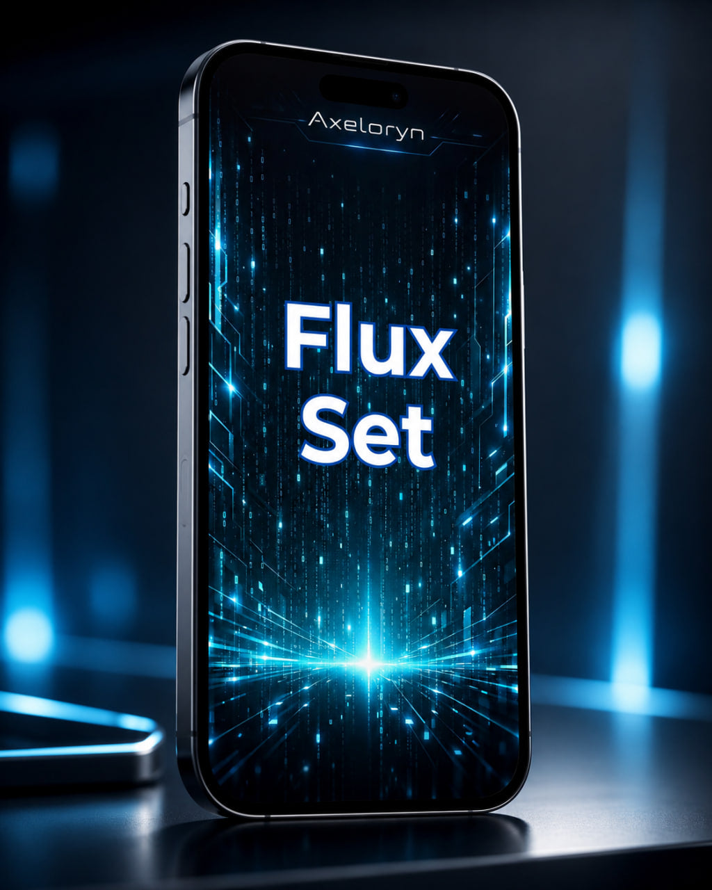 A smartphone shown upright on a dark reflective surface, with the screen on and displaying the text 'Axeloryn Flux Set' in glowing blue and white over a futuristic digital background.