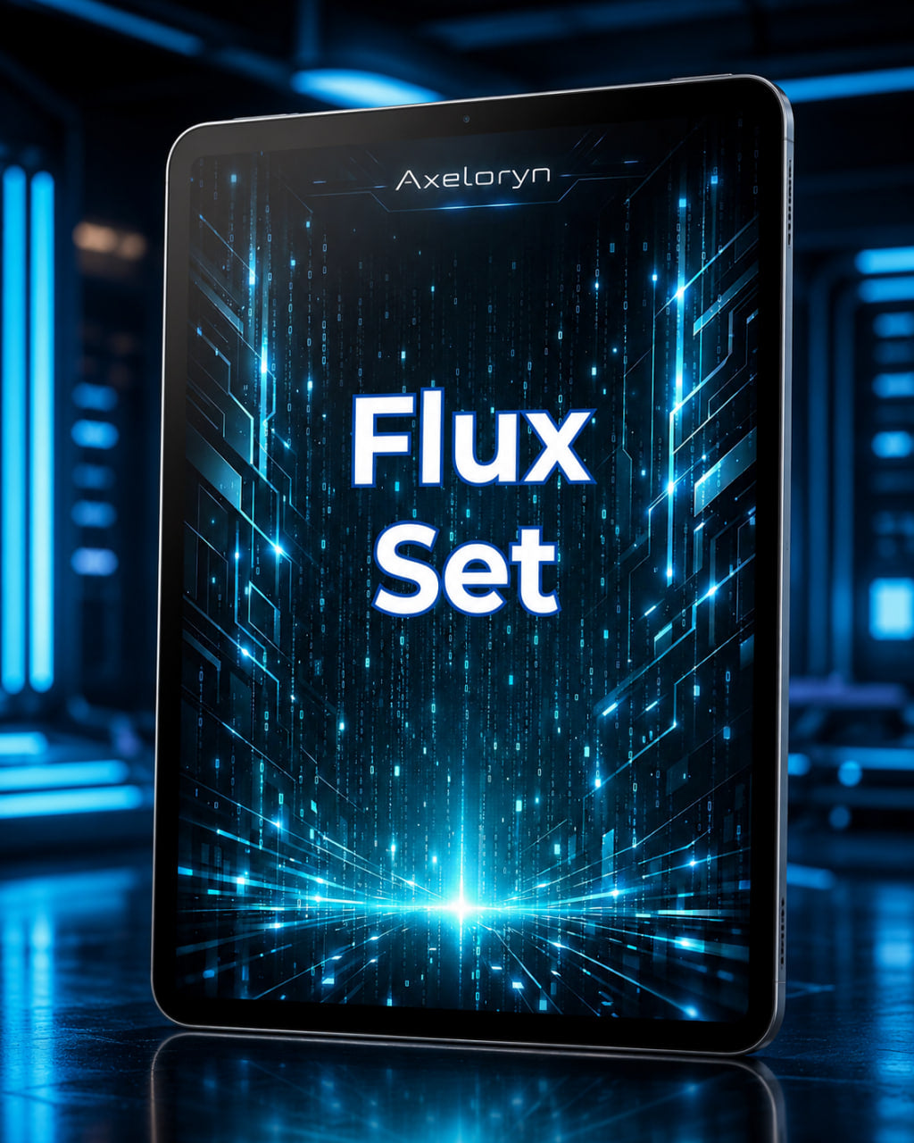 A tablet device labeled 'Axeloryn' stands upright on a reflective surface, displaying a futuristic blue and black digital interface with the words 'Flux Set' in large white text.