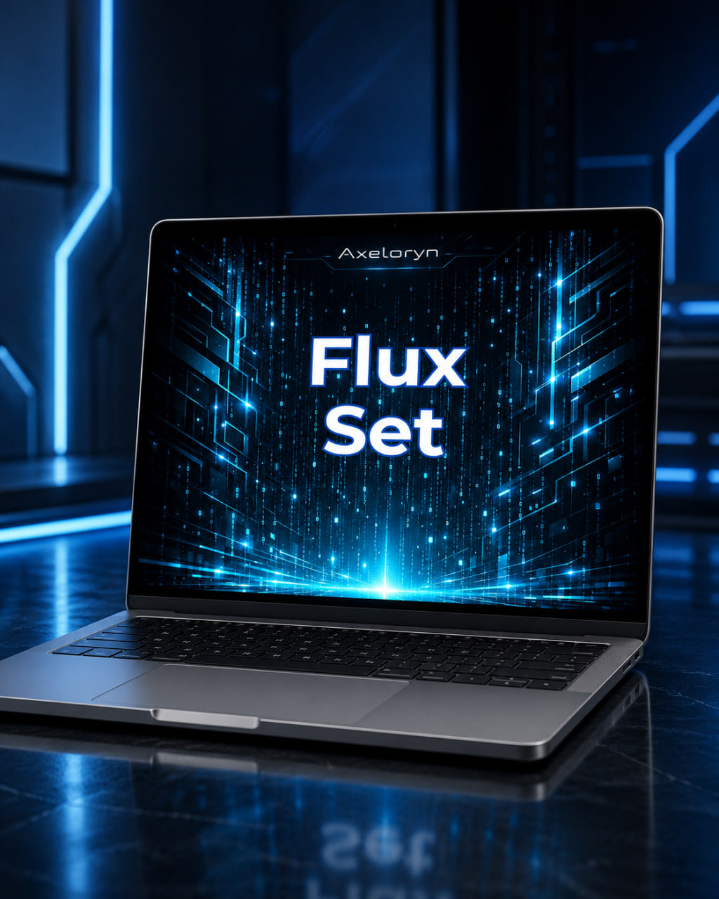 An open silver laptop on a glossy dark surface, displaying a futuristic blue digital interface with the text 'Axeloryn Flux Set' on the screen.