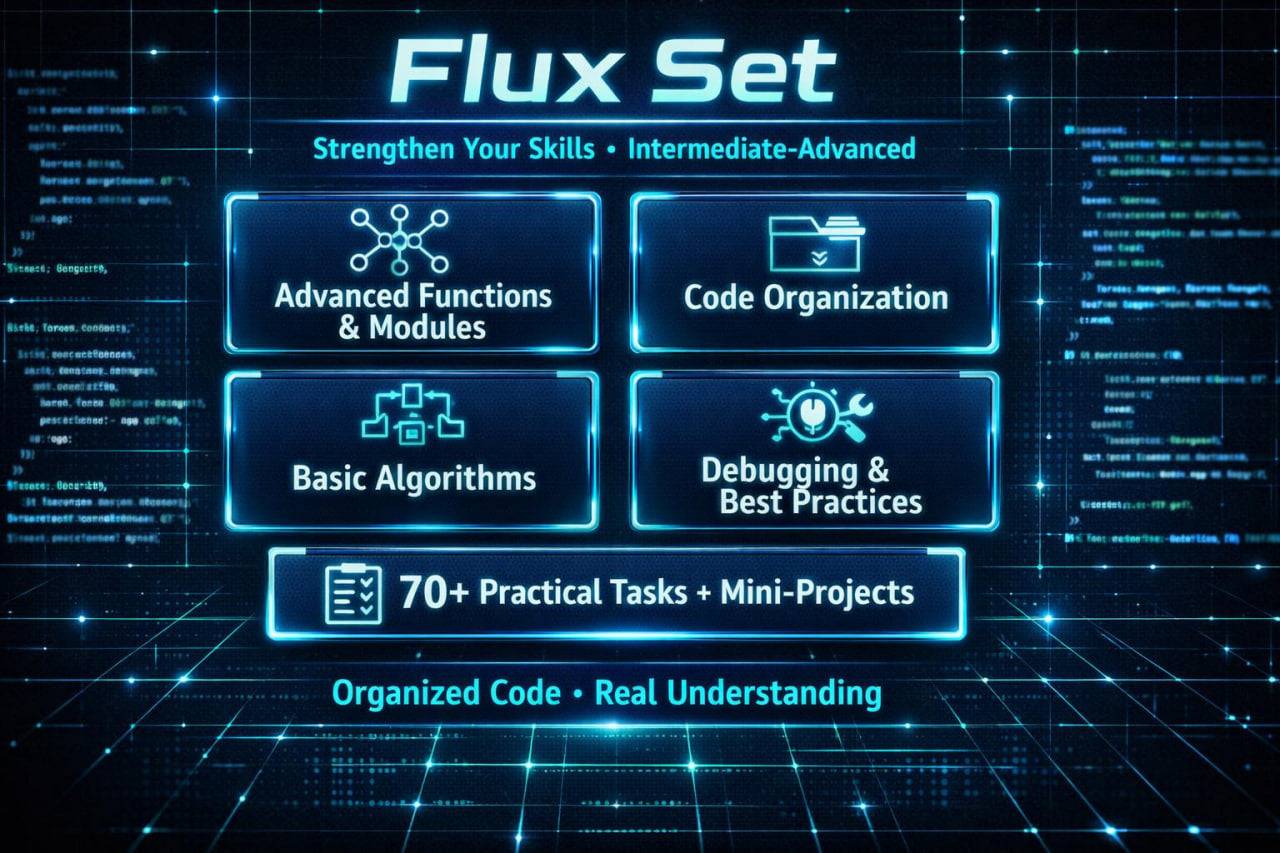 Digital cover graphic for a 'Flux Set' intermediate-advanced programming course, featuring glowing blue and white text on a dark tech-grid background with four main modules: Advanced Functions & Modules, Code Organization, Basic Algorithms, and Debugging & Best Practices.