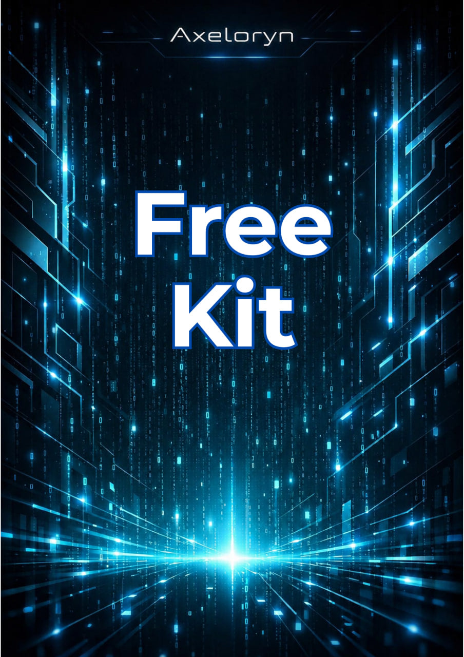 A digital promotional graphic with the text 'Free Kit' in large white letters over a glowing blue and black futuristic city-like background. The brand name 'Axeloryn' appears at the top.