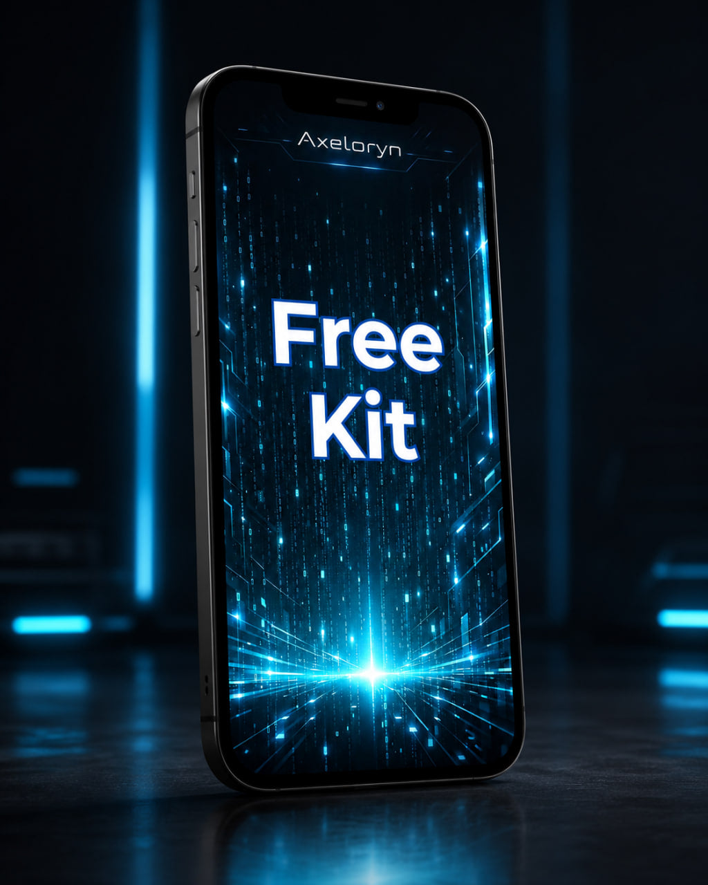A smartphone shown upright on a dark reflective surface, with the screen on and displaying the words 'Free Kit' in large white text over a glowing blue abstract background. The phone body appears black or very dark gray, and the screen content is part of the display rather than a separate product color.