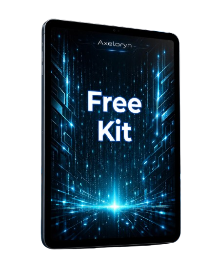 A tablet device shown at a slight angle on a plain white background, with a glowing blue digital interface on the screen reading 'Free Kit' and the brand name 'Axeloryn' visible near the top.