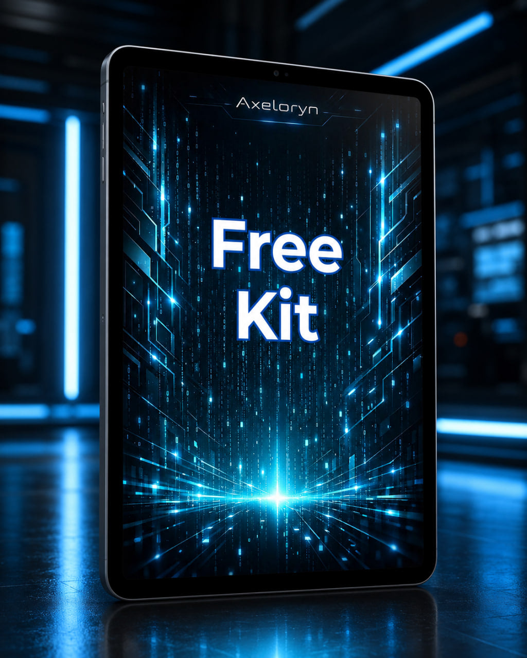 A tablet device standing upright on a reflective surface in a futuristic blue-lit environment. The screen displays the text 'Free Kit' over a glowing blue digital interface, with the brand name 'Axelaryn' visible near the top.