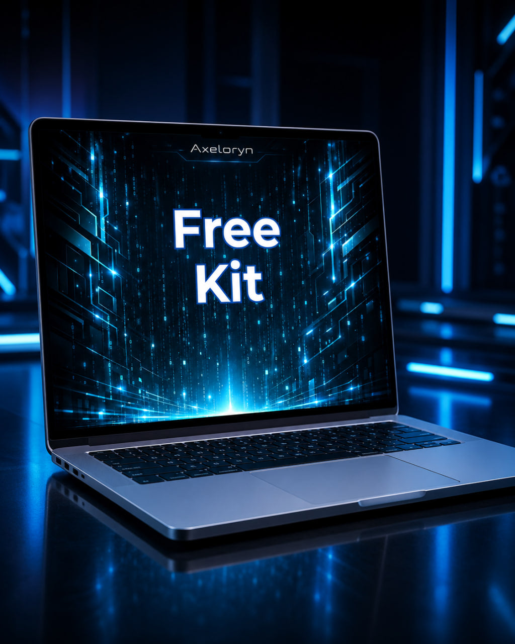 An open silver laptop on a glossy dark surface, displaying a glowing blue digital interface with the text 'Free Kit' and the brand name 'Axelaryn' near the top of the screen.