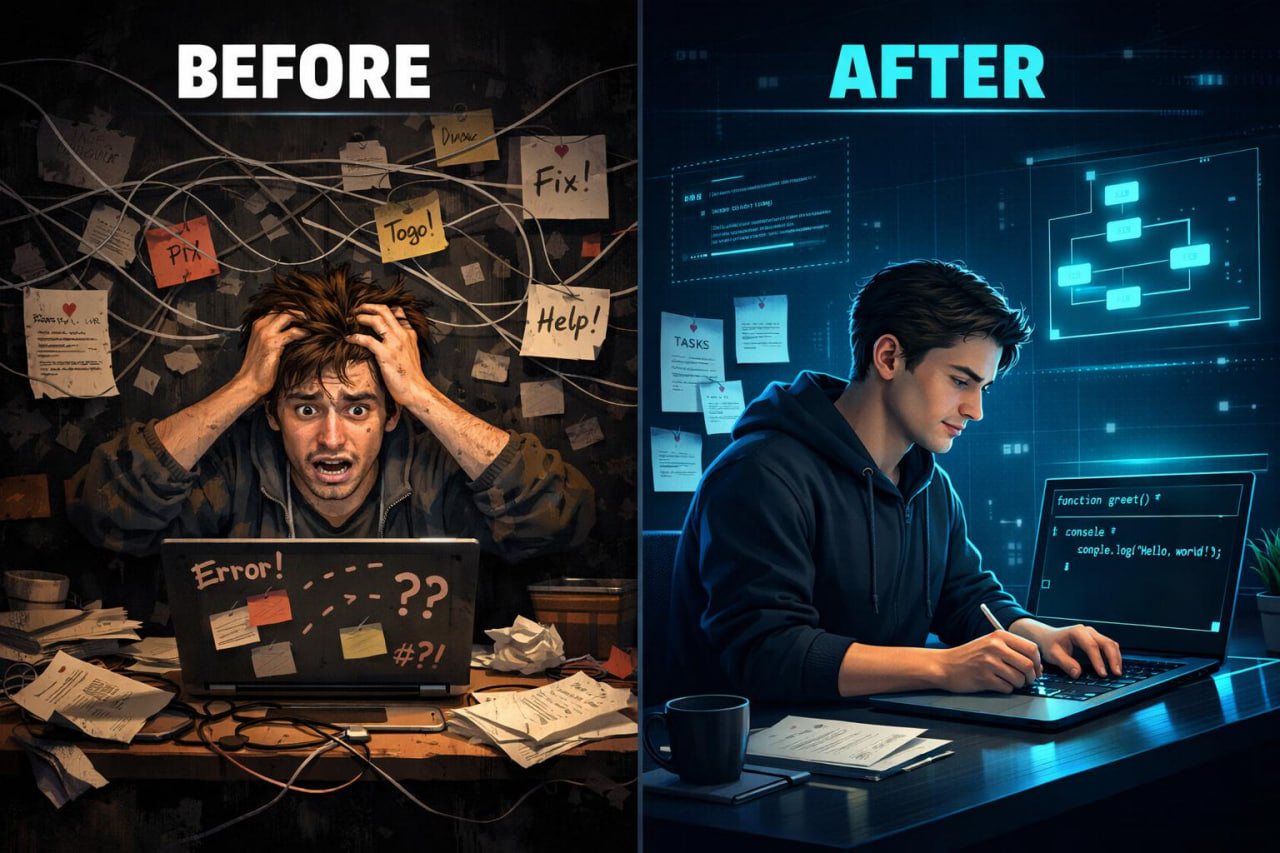 A split-screen comparison labeled 'BEFORE' and 'AFTER' showing a man stressed with tangled notes and a messy laptop on the left, and a calm man working on a laptop with glowing blue code on the right.