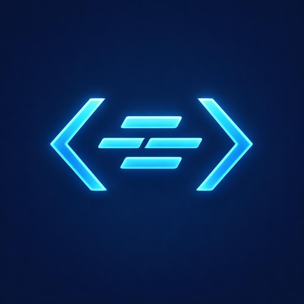 A glowing blue digital logo or icon featuring chevrons pointing inward with horizontal bars in the center, set against a dark navy background.