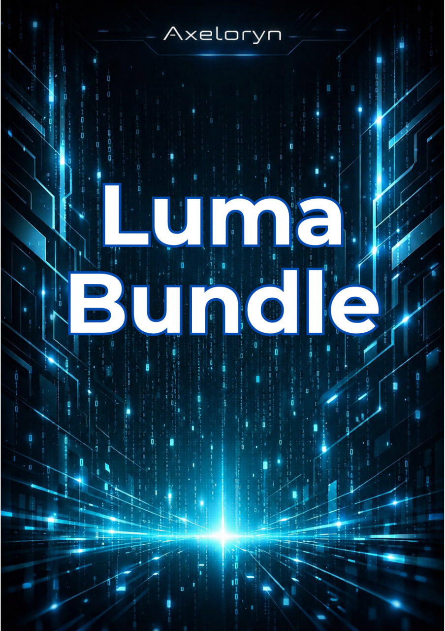 Digital cover art for 'Axeloryn Luma Bundle' featuring bold white text over a glowing blue and black futuristic digital corridor background.