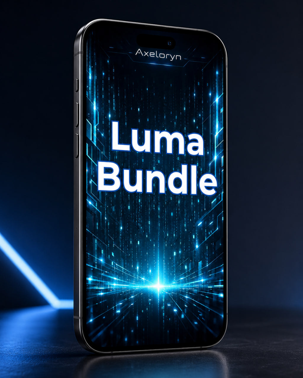 A smartphone shown upright on a dark surface with blue ambient lighting. The screen displays the text 'Luma Bundle' over a glowing blue digital interface, and the brand name 'Axelaryn' appears near the top of the screen.