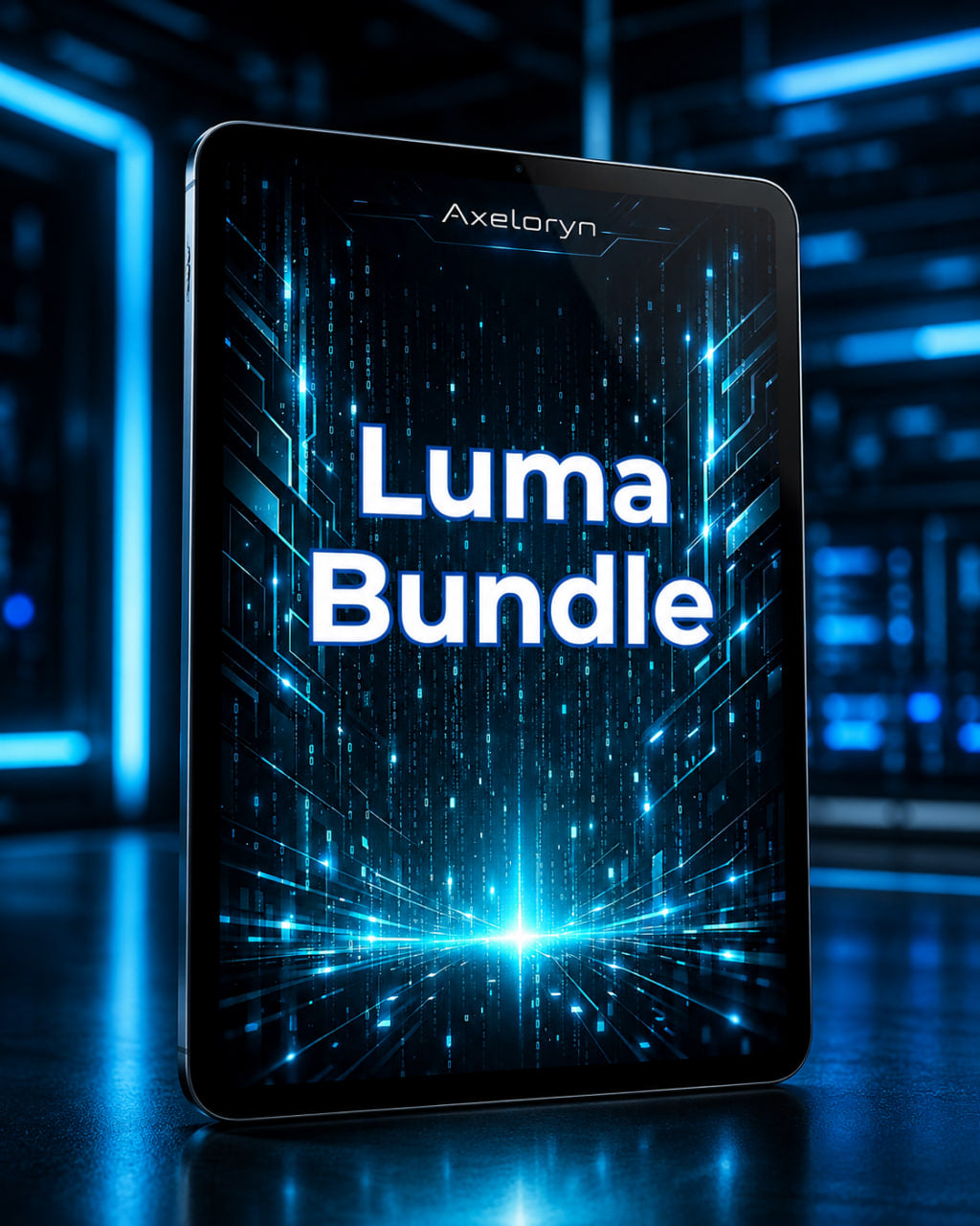 A tablet device labeled Axelaryn stands upright on a reflective surface, displaying a futuristic blue digital interface with the large text 'Luma Bundle' on the screen. The background is a blurred high-tech blue environment.