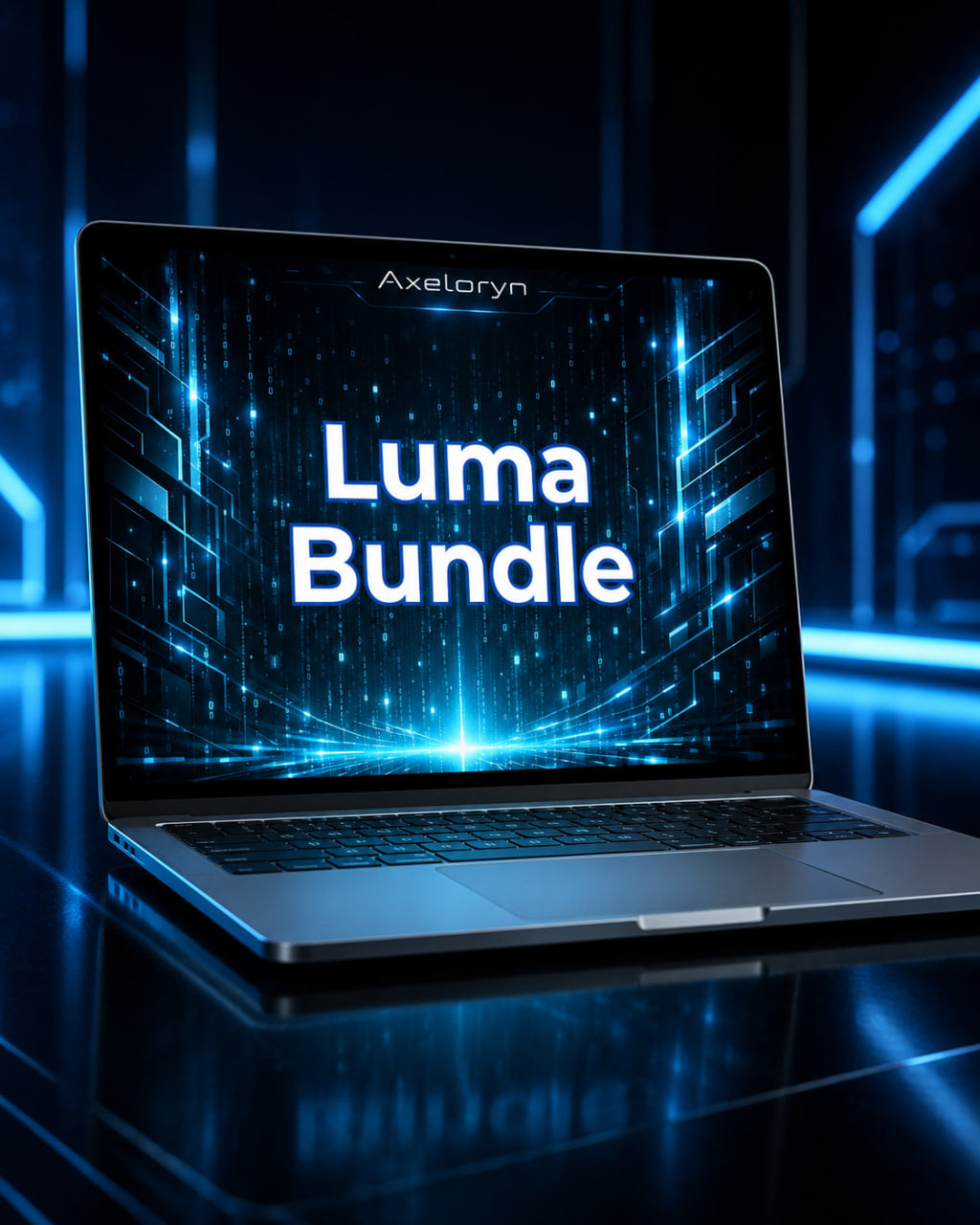An open laptop on a reflective dark surface with a glowing blue futuristic background. The screen displays the text 'Axelorn Luma Bundle' in white over a bright blue digital circuit pattern.