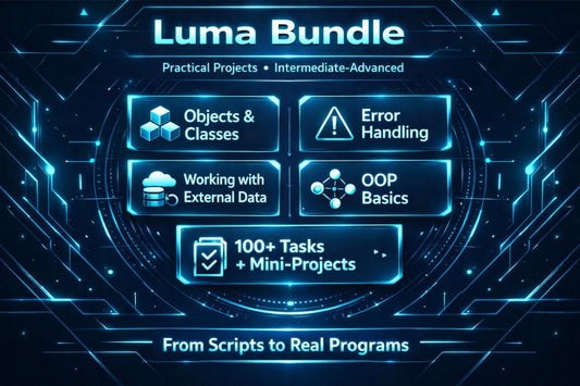 A digital promotional graphic for a 'Luma Bundle' featuring glowing blue and cyan interface-style panels on a dark tech background. Text highlights topics such as Objects & Classes, Error Handling, Working with External Data, OOP Basics, and '100+ Tasks + Mini-Projects,' with the tagline 'From Scripts to Real Programs.