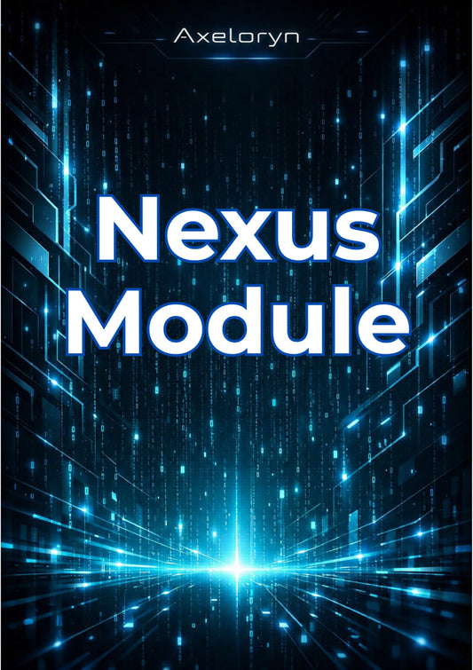 Digital cover art for 'Nexus Module' by Axeloryn, featuring bold white text over a futuristic dark blue and black cybernetic background with glowing blue light effects.