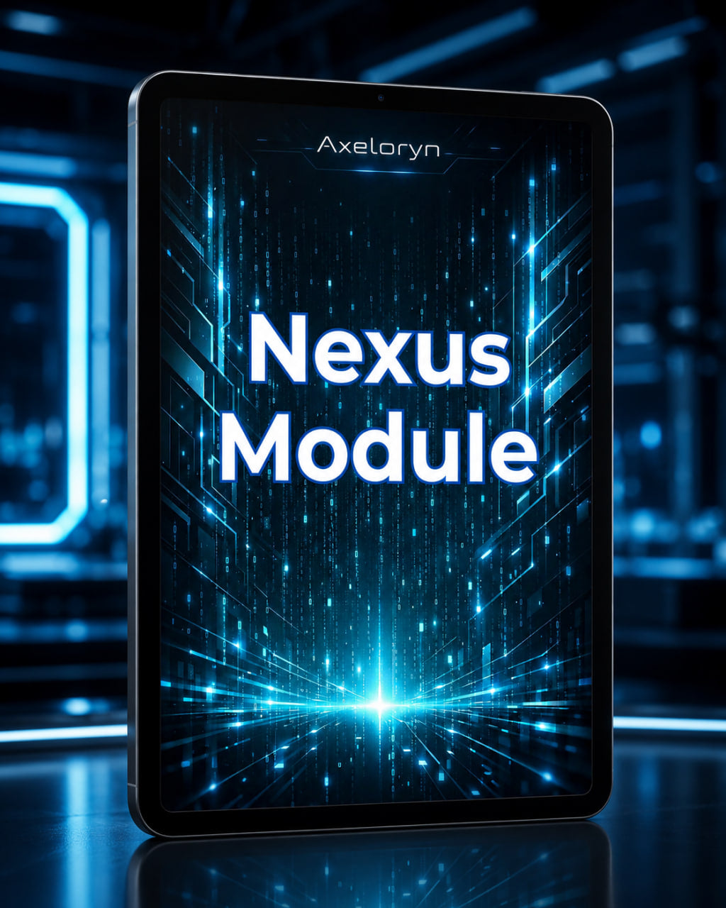 A black tablet or device frame shown upright on a reflective surface, with a glowing blue futuristic digital interface on the screen reading 'Nexus Module' and the brand name 'Axeloryn' near the top.