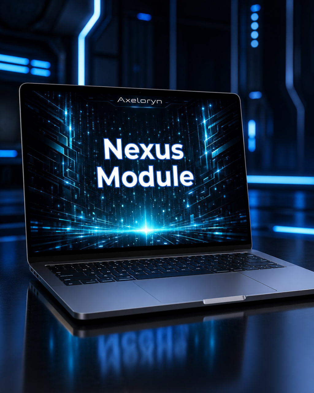 A silver laptop on a reflective dark surface, displaying a futuristic blue digital interface with the text 'Nexus Module' and the brand name 'Axelaryn' on the screen. The background is a dark, high-tech environment with blue neon lighting.