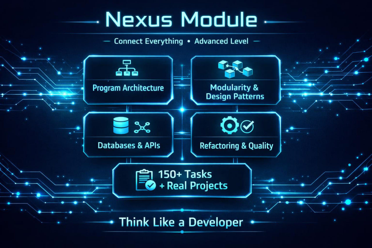 A digital promotional graphic for the Nexus Module, featuring a dark blue and black background with glowing circuit board lines. The central text reads 'Nexus Module' and lists key topics such as Program Architecture, Modularity & Design Patterns, Databases & APIs, Refactoring & Quality, and '150+ Tasks + Real Projects'.