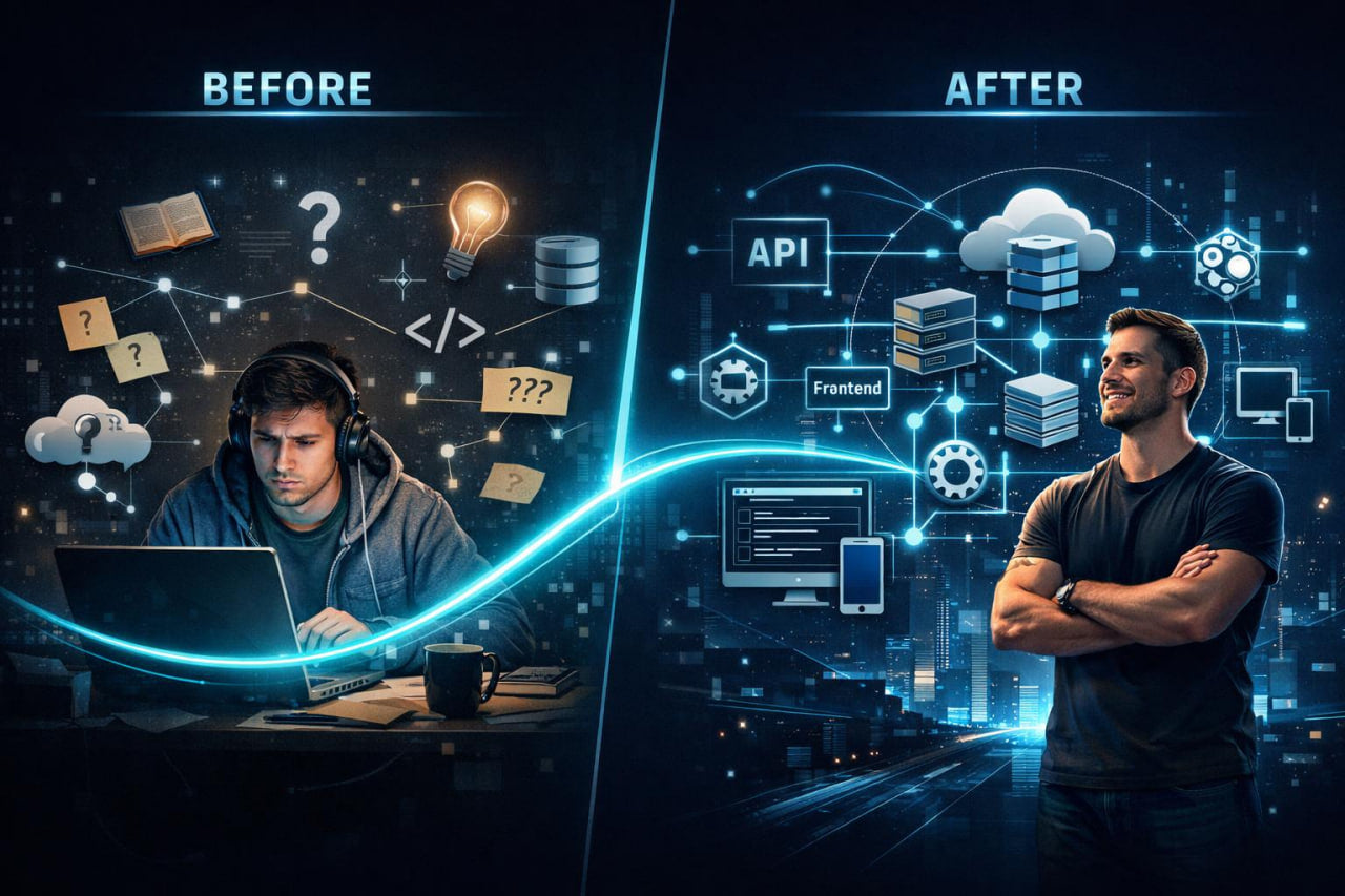 A split before-and-after digital graphic showing a developer working on a laptop under a glowing lightbulb on the left, and a confident man with arms crossed surrounded by tech icons like API, cloud, and frontend on the right.