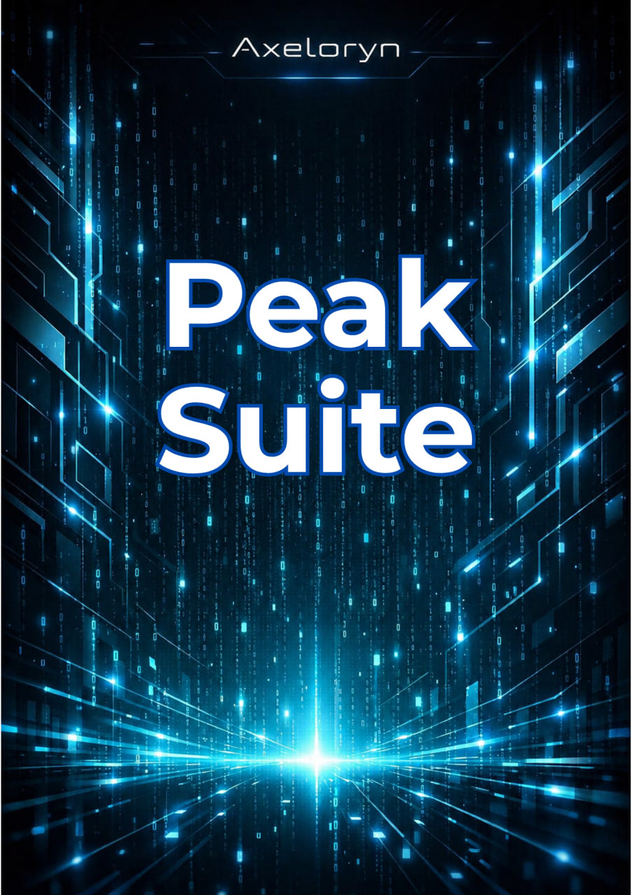 Digital cover art for 'Peak Suite' by Axeloryn, featuring bold white text over a futuristic dark blue and black cybernetic corridor with glowing cyan light effects.