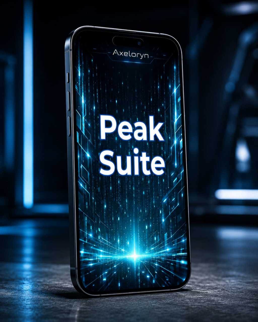 A black smartphone shown upright on a dark surface, with the screen on and displaying the text 'Peak Suite' in large white letters over a glowing blue digital interface. The phone has 'Axelaryn' branding near the top.