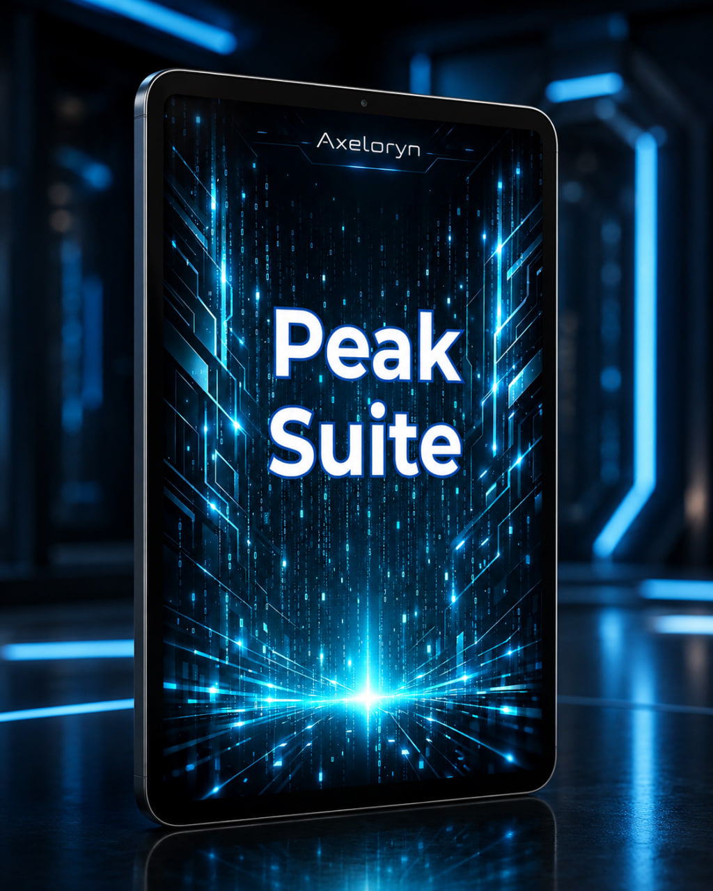 A tablet device labeled Axelaryn stands upright on a reflective dark surface, displaying a futuristic blue and black interface with the large text 'Peak Suite' on the screen.