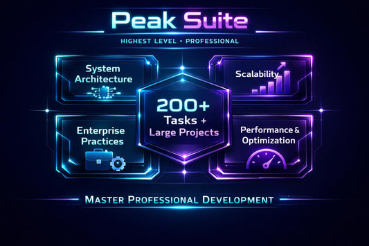 A promotional graphic for a digital course or software suite titled 'Peak Suite' with glowing neon-style panels on a dark background. The central panel reads '200+ Tasks + Large Projects,' surrounded by sections for 'System Architecture,' 'Scalability,' 'Enterprise Practices,' and 'Performance & Optimization.