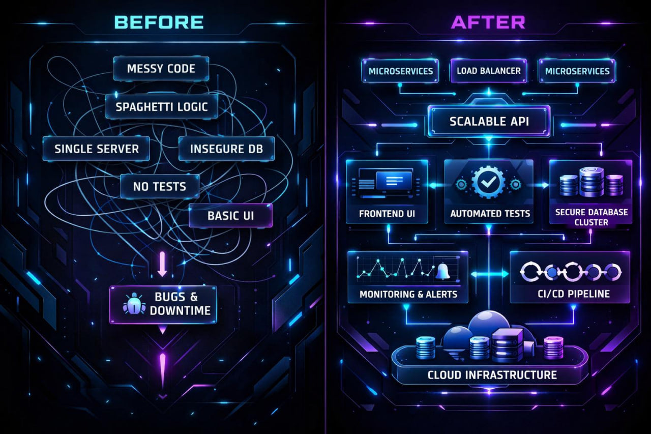 A digital infographic comparing a messy, buggy software state labeled 'BEFORE' with a scalable, automated, and secure software state labeled 'AFTER', using a futuristic neon cyberpunk design with glowing blue and purple lines and text.
