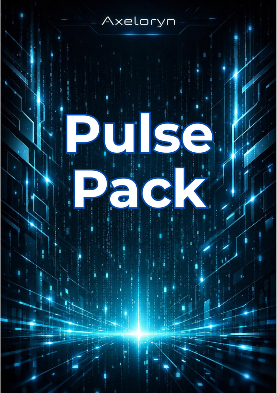 Digital cover art for 'Pulse Pack' by Axeloryn, featuring bold white text over a dark blue and black futuristic cybernetic background with glowing blue light effects.
