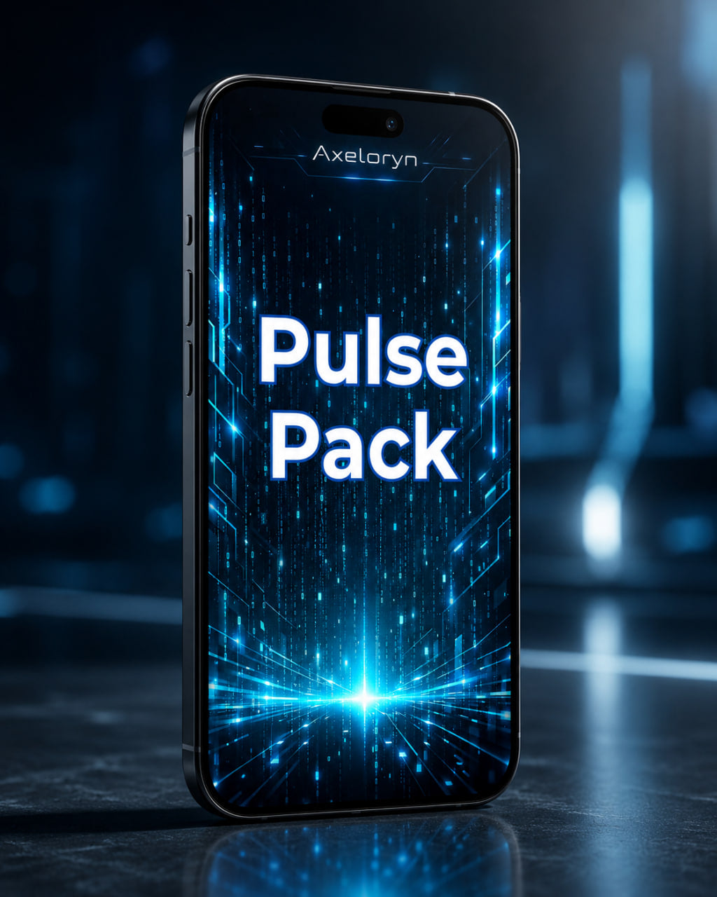 A smartphone shown upright on a dark reflective surface, with the screen on and displaying the words 'Pulse Pack' in large white text over a glowing blue tech-style background. The phone body appears black or dark gray, and the screen content is part of the product presentation here.