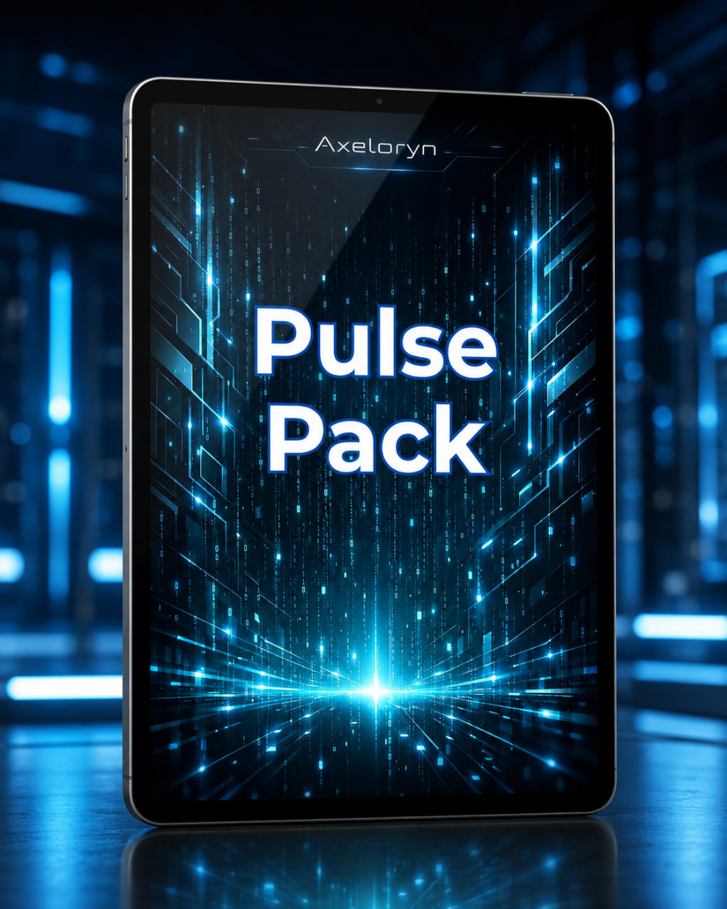A tablet device standing upright on a reflective surface, displaying the text 'Pulse Pack' in large white letters over a glowing blue digital interface. The brand name 'Axeloryn' is visible near the top of the screen.
