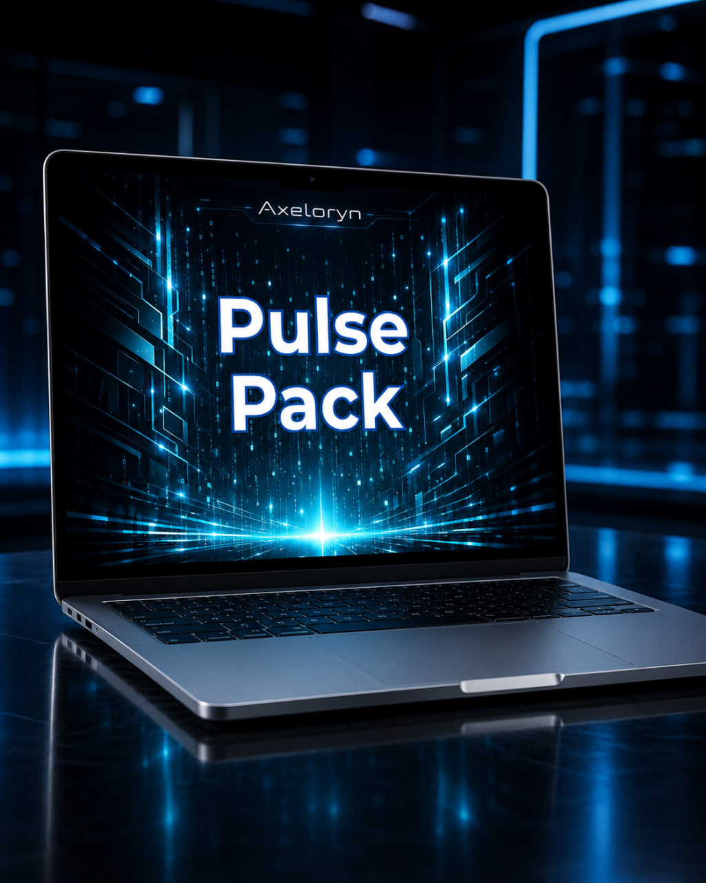 A silver laptop on a dark reflective surface with a glowing blue futuristic tech background. The laptop screen displays the text 'Axelaryn Pulse Pack' in white over a bright blue digital circuit pattern.
