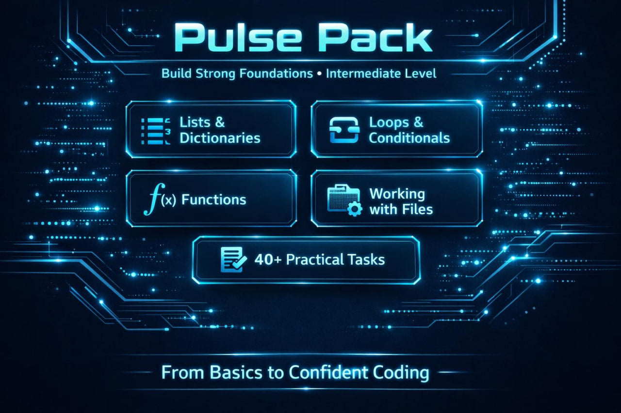 Promotional graphic for a digital coding course or ebook titled 'Pulse Pack' with glowing blue interface panels on a dark tech background. Text highlights topics like lists and dictionaries, loops and conditionals, functions, working with files, and 40+ practical tasks.